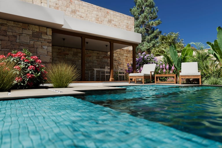 Luxury swimming pool design and garden landscaping with modern beach house architecture