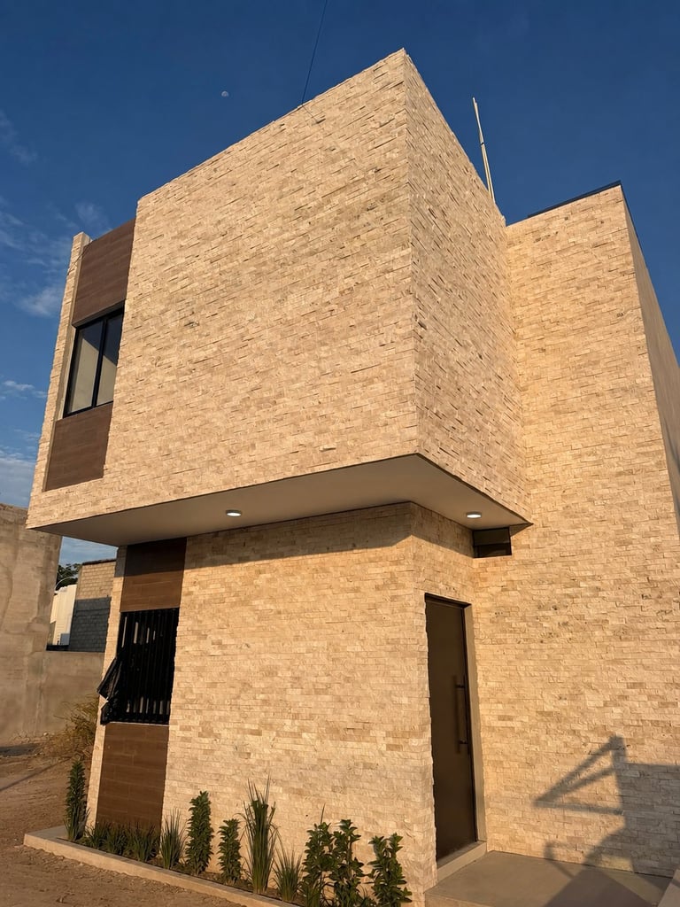 Modern brick house with geometric angles and overhanging upper floor against blue sky