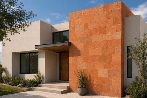 Modern minimalist house with white and terracotta brick exterior, featuring geometric design, large windows, and landscaping under blue sky