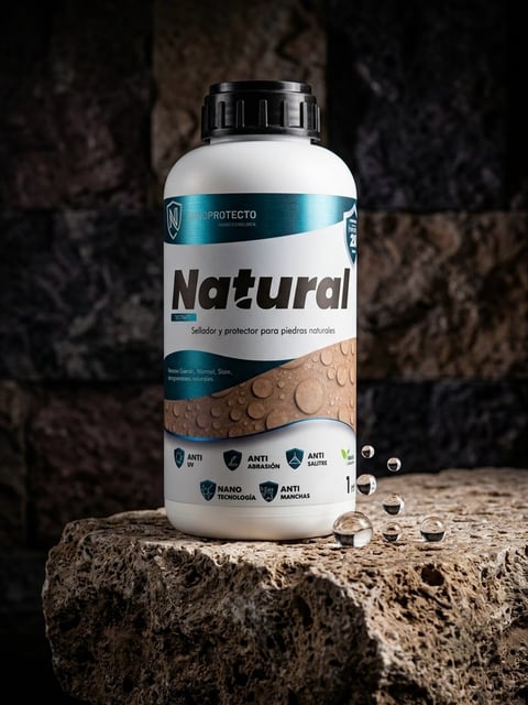White bottle of NaEtural stone protector product with black cap sitting on textured rock surface
