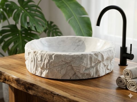 White marble vessel sink on wooden counter with black faucet, rolled towels, and green plants in background