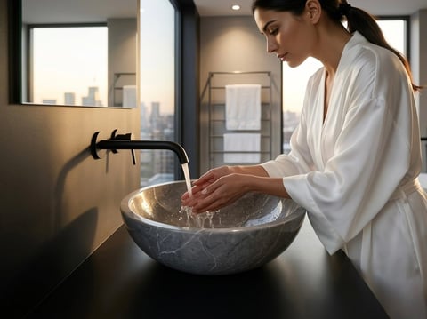 Woman in white shirt washing hands in modern stone bathroom sink with faucet and city view through window