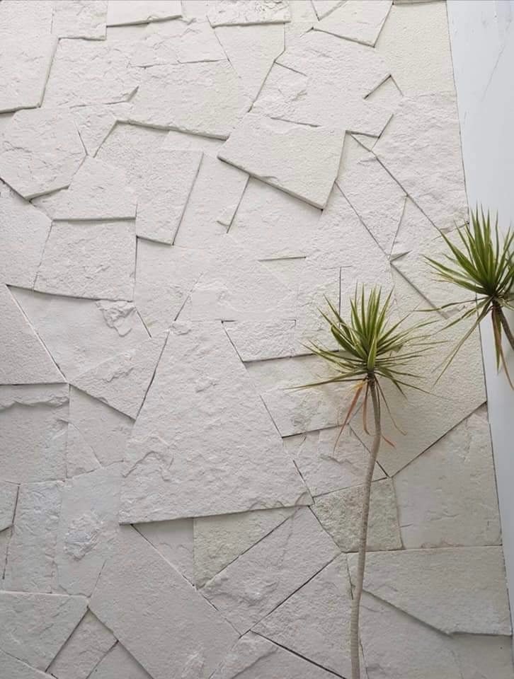 White textured wall with irregular stone or tile pattern and green plant shoots on the right side