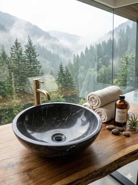 Black marble vessel sink on wooden counter with gold faucet, towels, and toiletries overlooking misty mountain forest