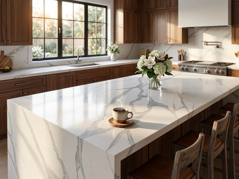 Modern kitchen with white marble waterfall island, dark wood cabinets, stainless steel appliances, and flowers in a vase