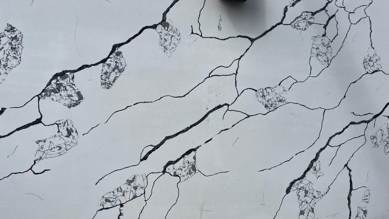 Overhead view of frost-covered tree branches against white snow, showing intricate branch patterns and ice formations