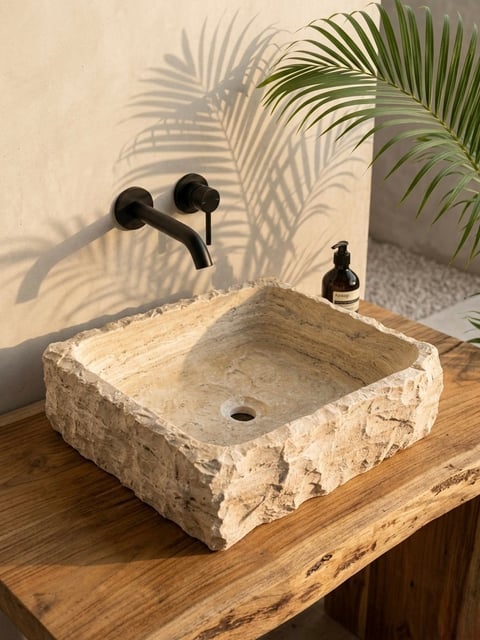 Rustic travertine stone sink on wooden vanity with black wall-mounted faucet and potted palm plant