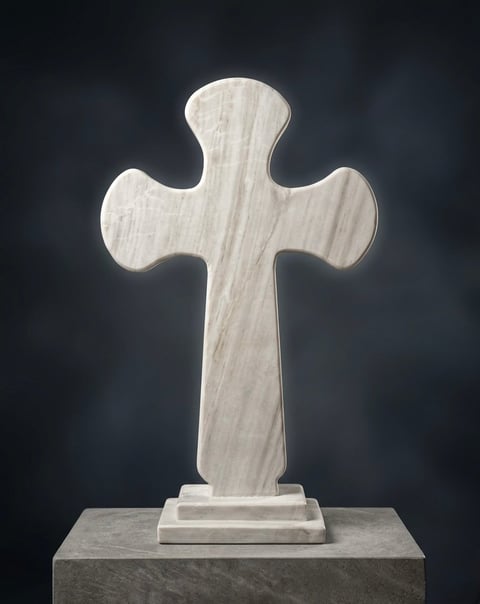 White marble decorative cross standing upright on a gray stone base against a dark background