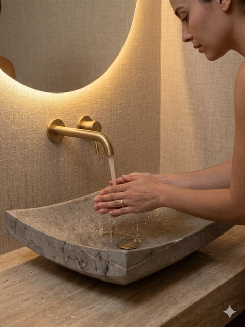 Woman washing hands at a modern stone sink with brass fixtures and illuminated mirror