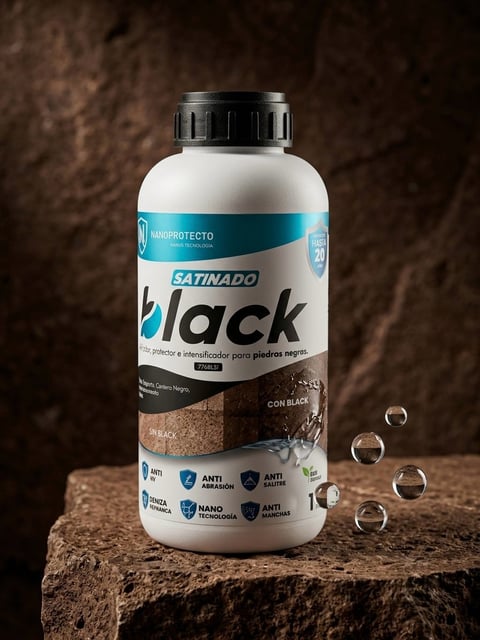 White bottle of Satinado black stone sealer with water droplets on textured stone surface against brown backdrop