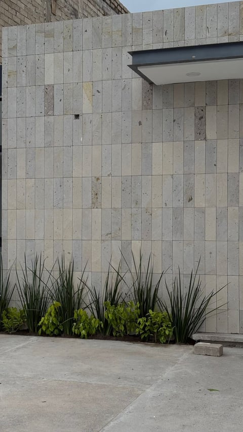 Modern concrete tile wall with ornamental grasses and green plants at base, building entrance with metal overhang