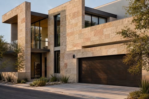 Modern cubic house with warm terracotta stone facade, black garage door, and minimal landscaping under clear sky