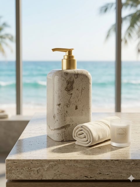 Marble soap dispenser with gold pump and white towel roll on stone counter overlooking ocean beach view