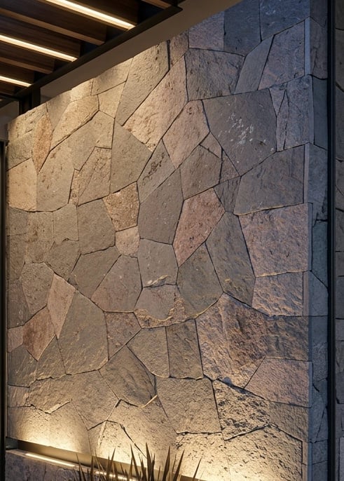 Illuminated stone wall featuring irregular tan and gray stacked slate tiles with accent lighting from below