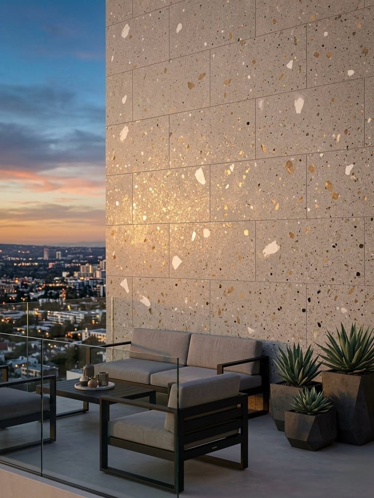 Modern high-rise terrace at dusk with gray seating, potted plants, and terrazzo wall overlooking illuminated city skyline