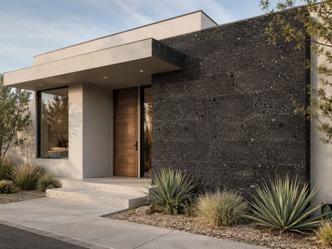 Modern minimalist home with cream and dark stone facade, wood door, glass window, and desert landscaping
