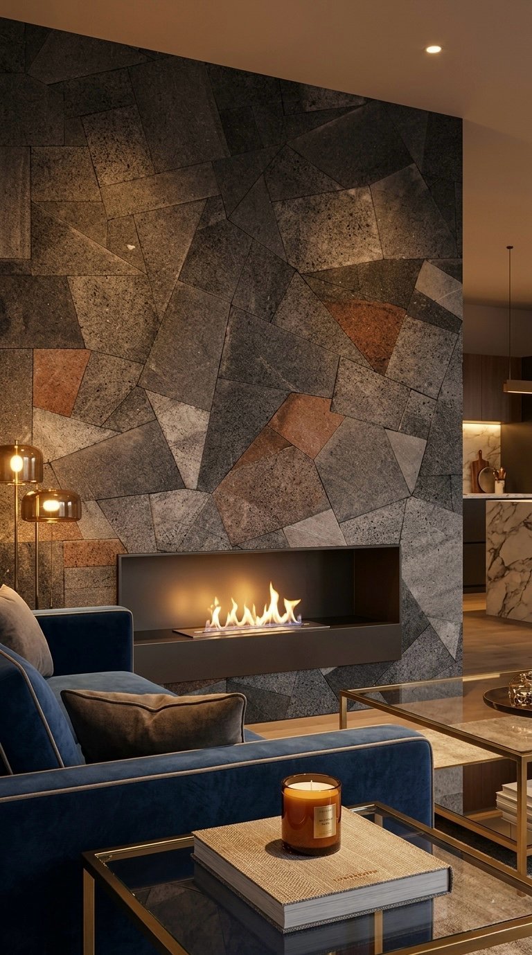Modern living room with geometric stone fireplace accent wall, linear gas fireplace, blue armchair, and minimalist wood furnishings